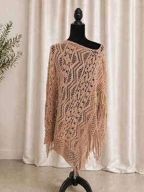 Open-Knit Fringe Poncho Sweater - blush pink